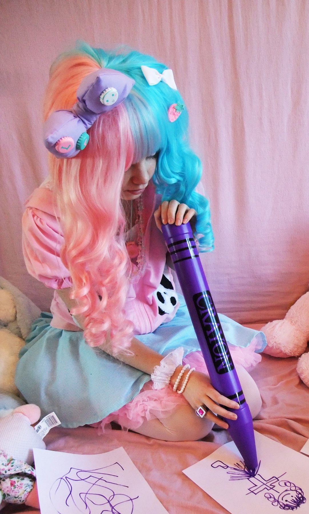 Teen Lolita with Blue and Pink Hair wearing White Opaque Pantyhose and Colored Short Dress